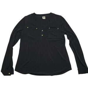 Anne Klein Women's v-neck Blouse Black Gold buttons rivets Pockets Womens Size M